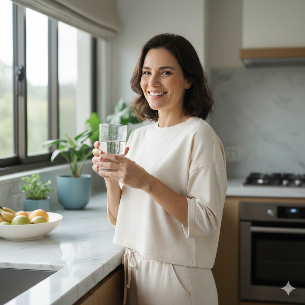 Mulher em ambiente matinal iluminado, demonstrando bem-estar e leveza ao acordar