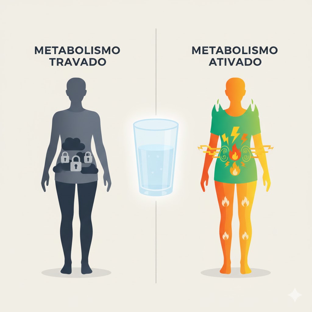 Infográfico comparativo: metabolismo travado versus metabolismo ativado